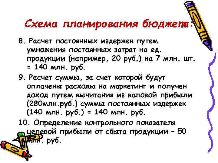 Схема планирования бюджета: 8. Расчет постоянных издержек путем умножения постоянных затрат на ед. продукции