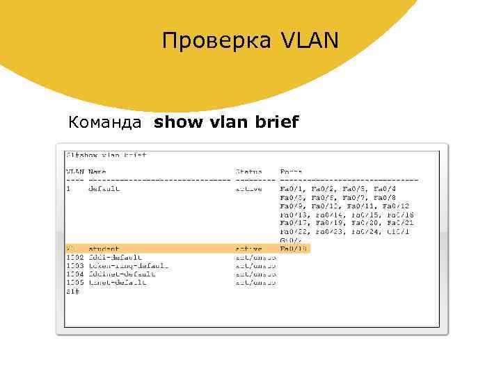 Проверка VLAN Команда show vlan brief 