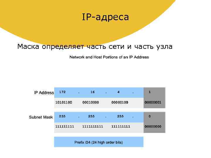IP-адреса Маска определяет часть сети и часть узла 