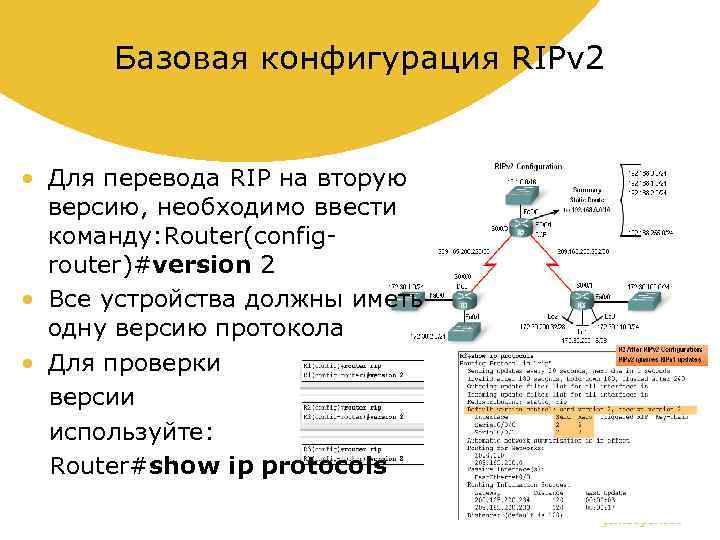 Базовая конфигурация RIPv 2 • Для перевода RIP на вторую версию, необходимо ввести команду: