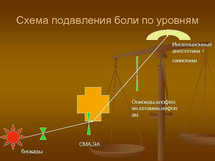 Схема подавления боли по уровням Ингаляционные анестетики + гипнотики Опиоиды. клофел ин. кетамин, нефоп