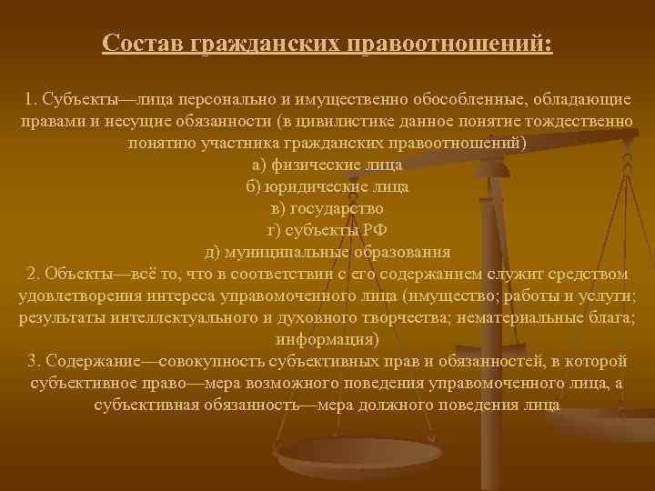 Состав гражданских правоотношений: 1. Субъекты—лица персонально и имущественно обособленные, обладающие правами и несущие обязанности