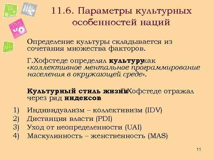 11. 6. Параметры культурных особенностей наций Определение культуры складывается из сочетания множества факторов. Г.
