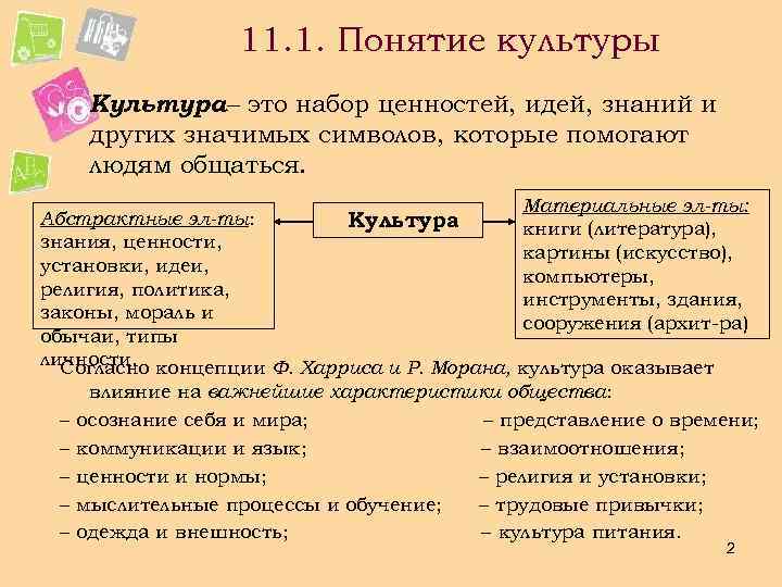 11. 1. Понятие культуры Культура– это набор ценностей, идей, знаний и других значимых символов,