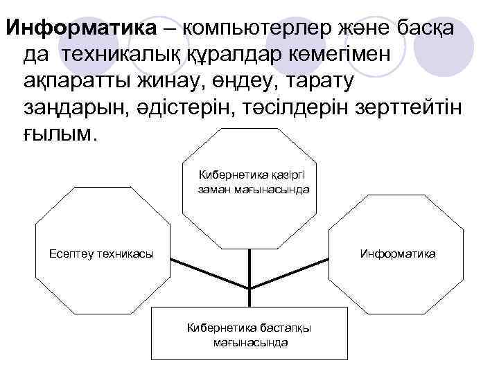 Информатика – компьютерлер және басқа да техникалық құралдар көмегімен ақпаратты жинау, өңдеу, тарату заңдарын,