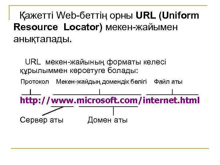 Қажетті Web-беттің орны URL (Uniform Resource Locator) мекен-жайымен анықталады. URL мекен-жайының форматы келесі құрылыммен