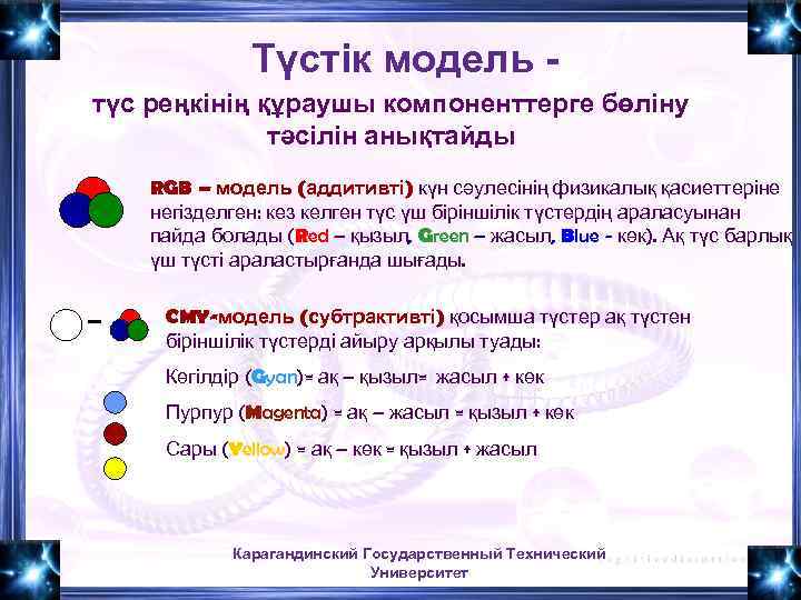 Түстік модель түс реңкінің құраушы компоненттерге бөліну тәсілін анықтайды RGB – модель (аддитивті) күн