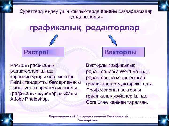 Суреттерді өңдеу үшін компьютерде арнайы бағдарламалар қолданылады - графикалық редакторлар Растрлі Векторлы Растрлі графикалық