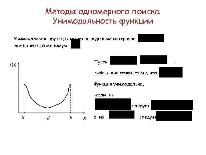 Методы одномерного поиска. Унимодальность функции Унимодальная функция имеет на заданном интервале единственный минимум. Пусть