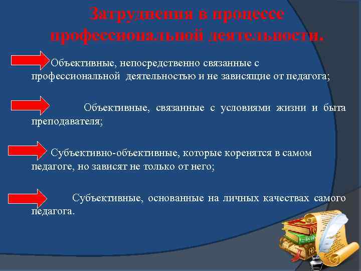 Затруднения в процессе профессиональной деятельности. Объективные, непосредственно связанные с профессиональной деятельностью и не зависящие