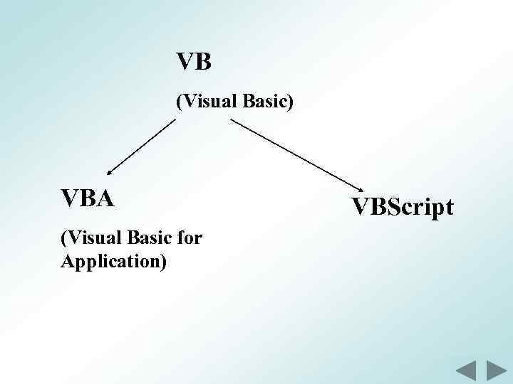 VB (Visual Basic) VBA (Visual Basic for Application) VBScript 