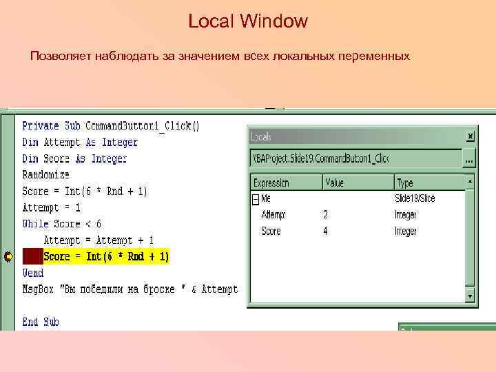 Local Window Позволяет наблюдать за значением всех локальных переменных 
