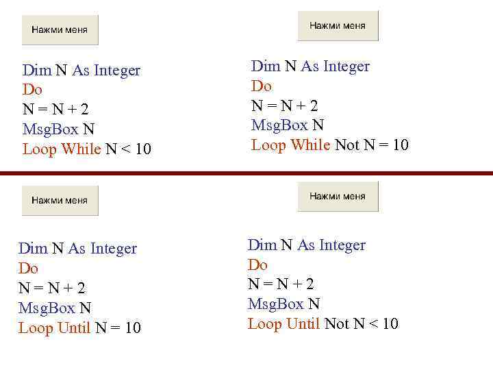 Dim N As Integer Do N=N+2 Msg. Box N Loop While N < 10