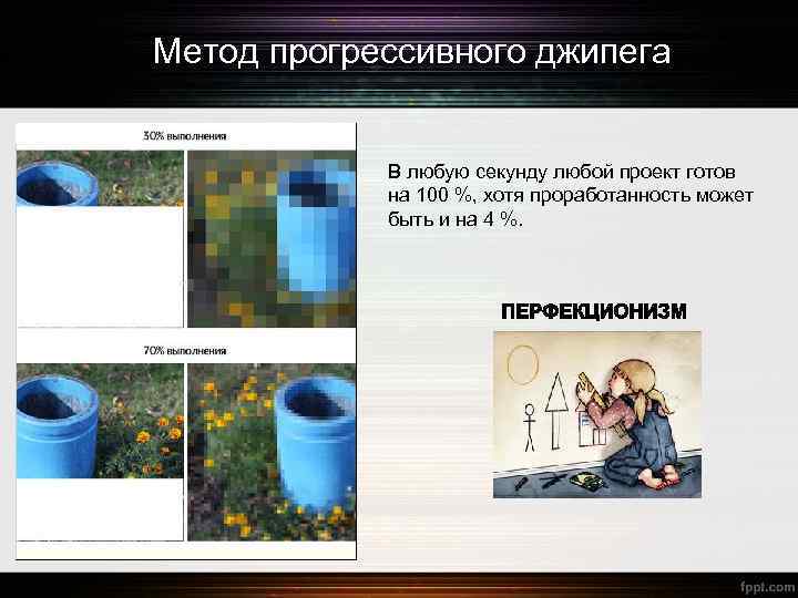 Метод прогрессивного джипега В любую секунду любой проект готов на 100 %, хотя проработанность