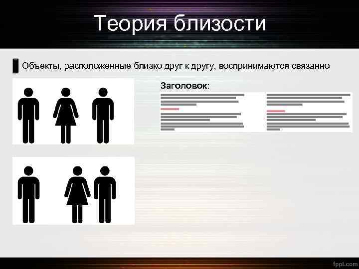 Теория близости Объекты, расположенные близко друг к другу, воспринимаются связанно Заголовок: 