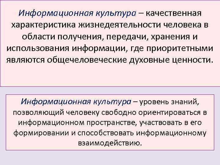 Информационная культура – качественная характеристика жизнедеятельности человека в области получения, передачи, хранения и использования