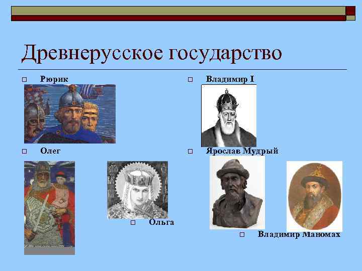 Древнерусское государство o Рюрик o Владимир I o Олег o Ярослав Мудрый o Ольга