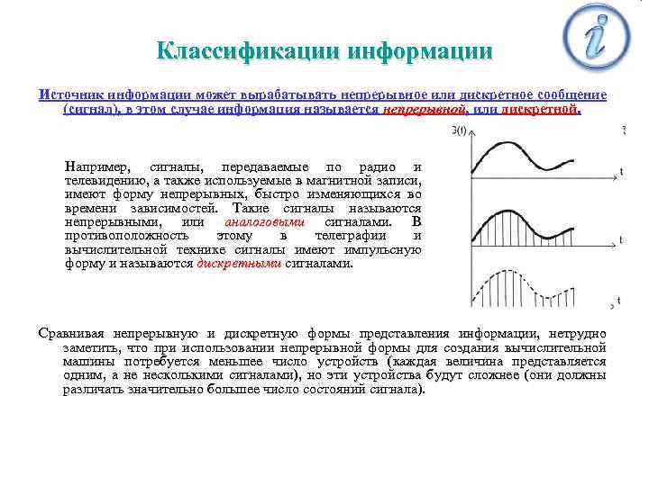Классификации информации Источник информации может вырабатывать непрерывное или дискретное сообщение (сигнал), в этом случае