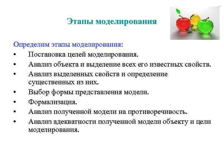 Этапы моделирования Определим этапы моделирования: • Постановка целей моделирования. • Анализ объекта и выделение