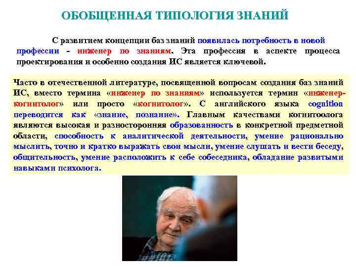 ОБОБЩЕННАЯ ТИПОЛОГИЯ ЗНАНИЙ С развитием концепции баз знаний появилась потребность в новой профессии -