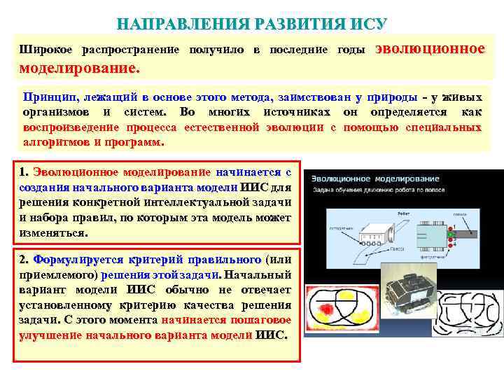 НАПРАВЛЕНИЯ РАЗВИТИЯ ИСУ Широкое распространение получило в последние годы эволюционное моделирование. Принцип, лежащий в
