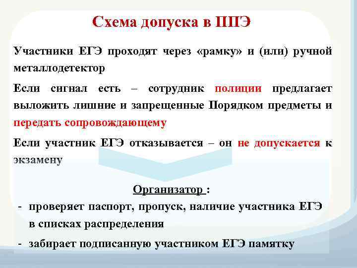 Схема допуска в ППЭ Участники ЕГЭ проходят через «рамку» и (или) ручной металлодетектор Если