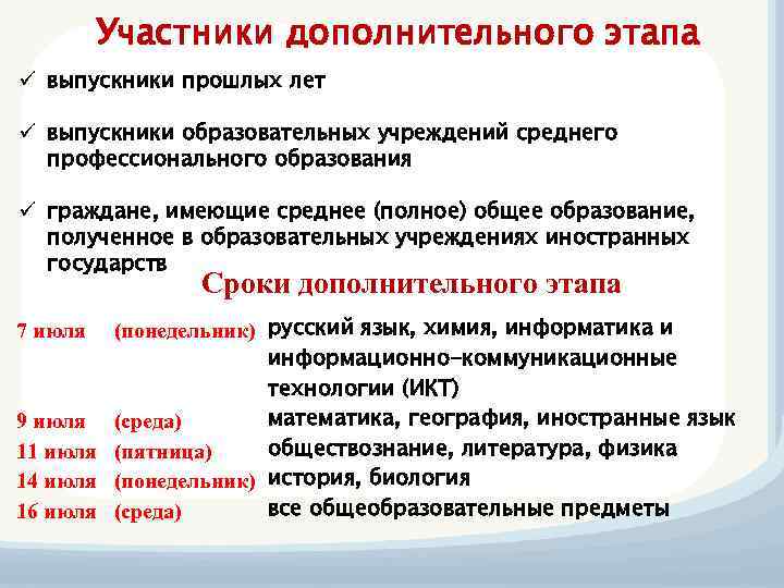 Участники дополнительного этапа ü выпускники прошлых лет ü выпускники образовательных учреждений среднего профессионального образования