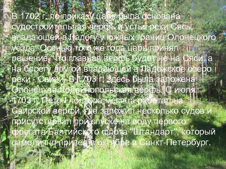 В 1702 г. по приказу царя была основана судостроительная верфь в устье реки Сясь,