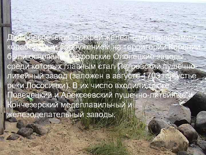 Для обеспечения верфей железными припасами и корабельным вооружением на территории Карелии были основаны Петровские