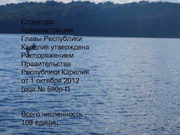 Структура Администрации Главы Республики Карелия утверждена Распоряжением Правительства Республики Карелия от 1 октября 2012