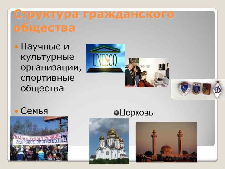 Структура гражданского общества Научные и культурные организации, спортивные общества Семья Церковь 