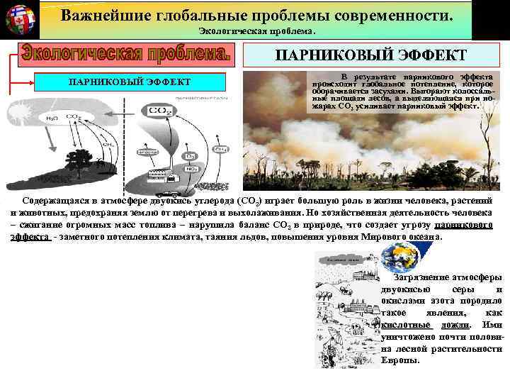 Важнейшие глобальные проблемы современности. Экологическая проблема. ПАРНИКОВЫЙ ЭФФЕКТ УНИЧТОЖЕНИЕ ЛЕСОВ В результате парникового эффекта