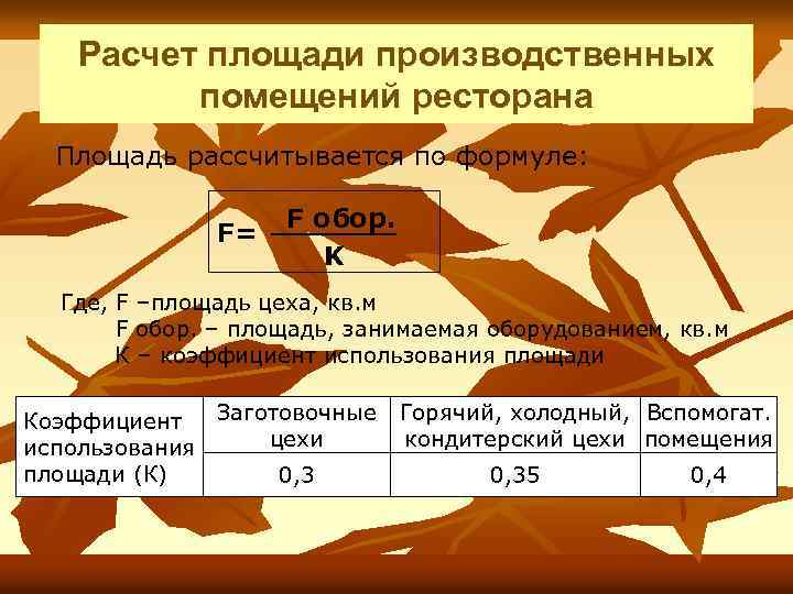 Расчет площади производственных помещений ресторана Площадь рассчитывается по формуле: F= F обор. K Где,