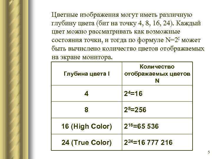 Цветные изображения могут иметь различную глубину цвета (бит на точку 4, 8, 16, 24).