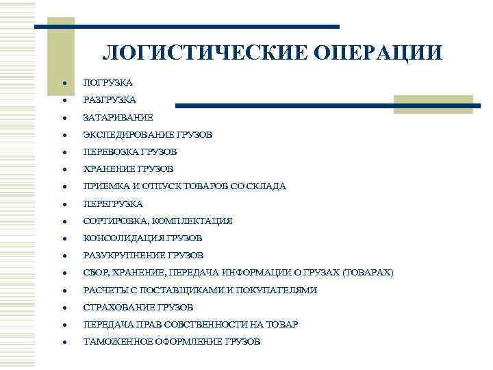 ЛОГИСТИЧЕСКИЕ ОПЕРАЦИИ · ПОГРУЗКА · РАЗГРУЗКА · ЗАТАРИВАНИЕ · ЭКСПЕДИРОВАНИЕ ГРУЗОВ · ПЕРЕВОЗКА ГРУЗОВ