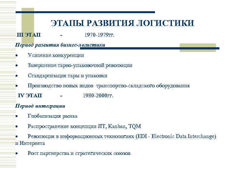 ЭТАПЫ РАЗВИТИЯ ЛОГИСТИКИ III ЭТАП 1970 1979 гг. Период развития бизнес-логистики · Усиление конкуренции