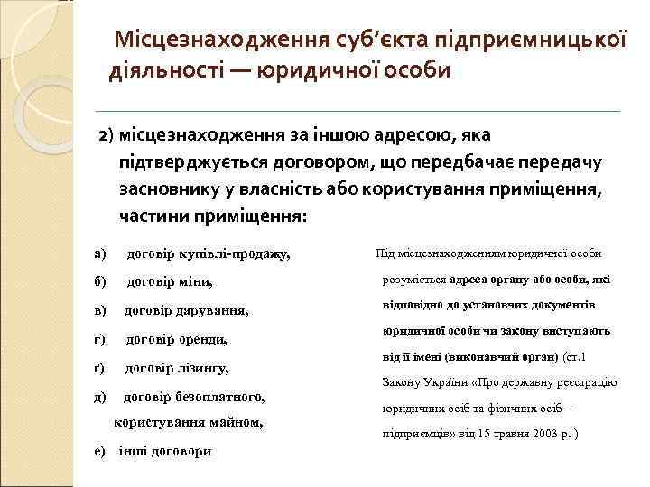 Місцезнаходження суб’єкта підприємницької діяльності — юридичної особи 2) місцезнаходження за іншою адресою, яка підтверджується