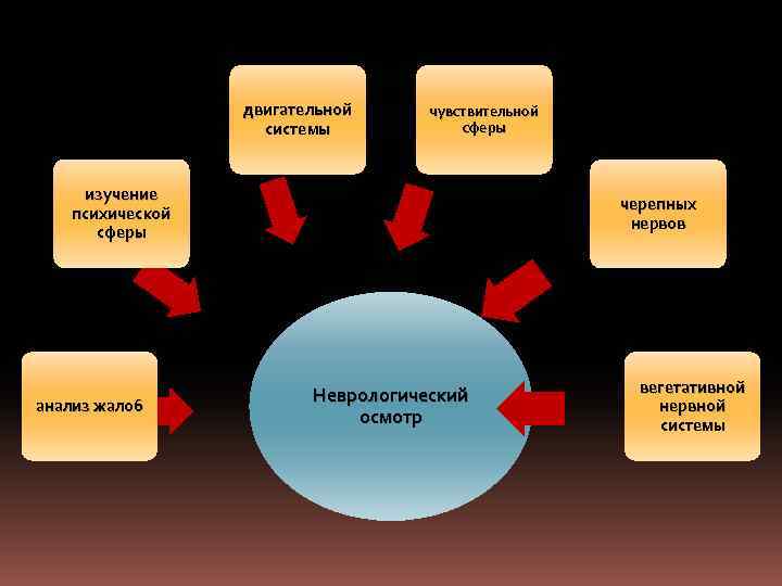 двигательной системы чувствительной сферы изучение психической сферы анализ жалоб черепных нервов Неврологический осмотр вегетативной