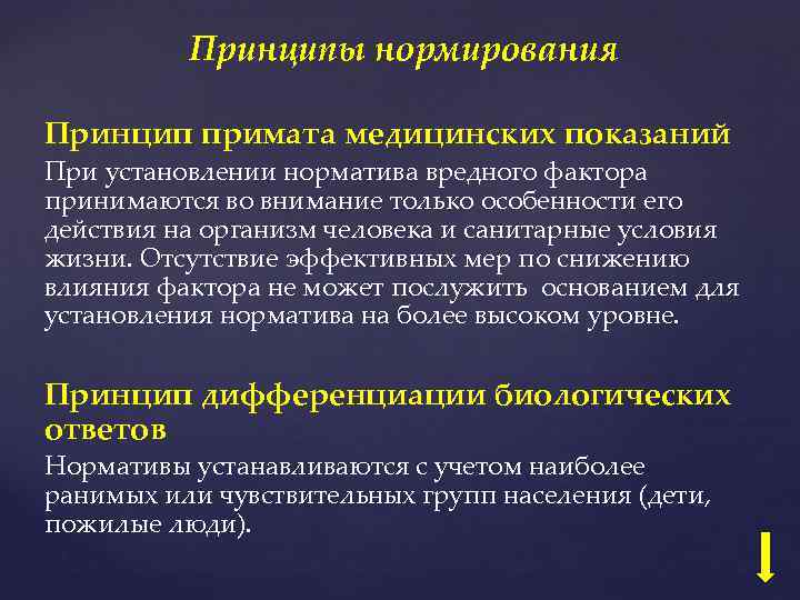 Принципы нормирования Принцип примата медицинских показаний При установлении норматива вредного фактора принимаются во внимание