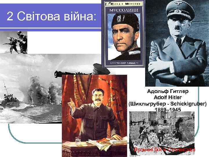 2 Світова війна: Адольф Гитлер Adolf Hitler (Шикльгрубер - Schicklgruber) 1889– 1945 Вуличні бої