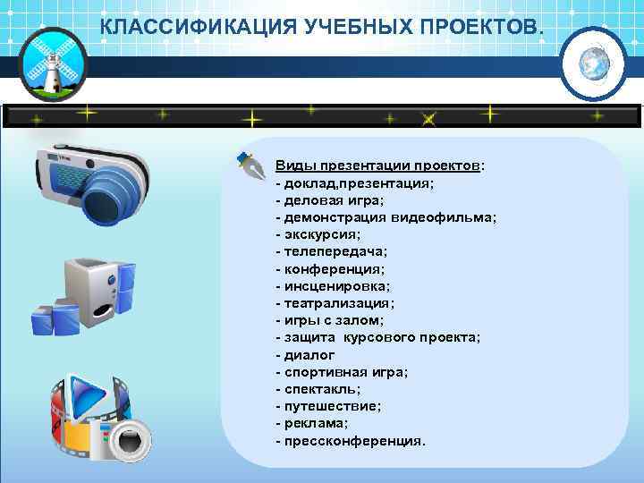 КЛАССИФИКАЦИЯ УЧЕБНЫХ ПРОЕКТОВ. Виды презентации проектов: доклад, презентация; деловая игра; демонстрация видеофильма; экскурсия; телепередача;