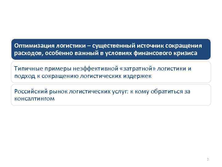 Оптимизация логистики – существенный источник сокращения расходов, особенно важный в условиях финансового кризиса Типичные