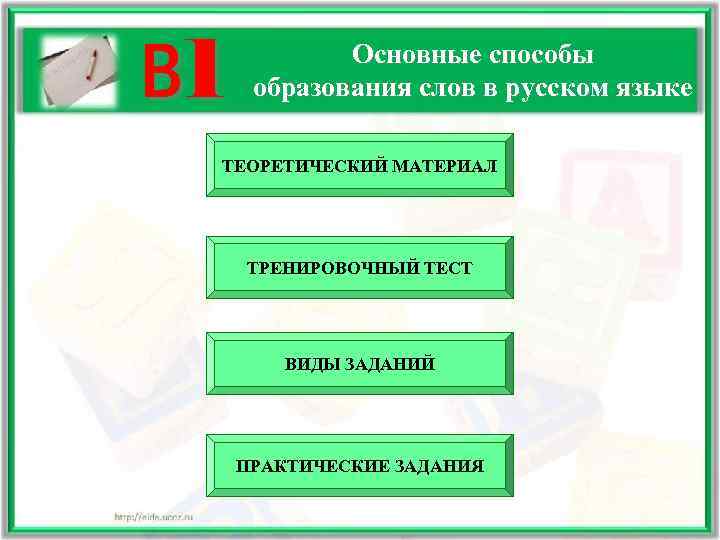 В 1 Основные способы образования слов в русском языке ТЕОРЕТИЧЕСКИЙ МАТЕРИАЛ ТРЕНИРОВОЧНЫЙ ТЕСТ ВИДЫ