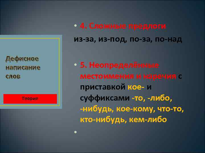  • 4. Сложные предлоги из-за, из-под, по-за, по-над Дефисное написание слов Теория •