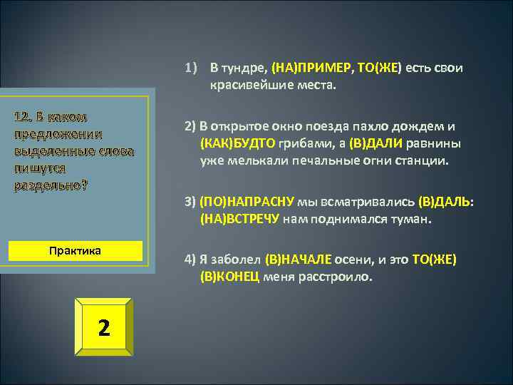 1) В тундре, (НА)ПРИМЕР, ТО(ЖЕ) есть свои красивейшие места. 12. В каком предложении выделенные