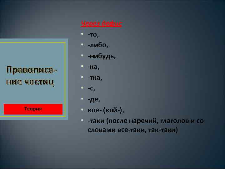 Правописание частиц Теория Через дефис • -то, • -либо, • -нибудь, • -ка, •
