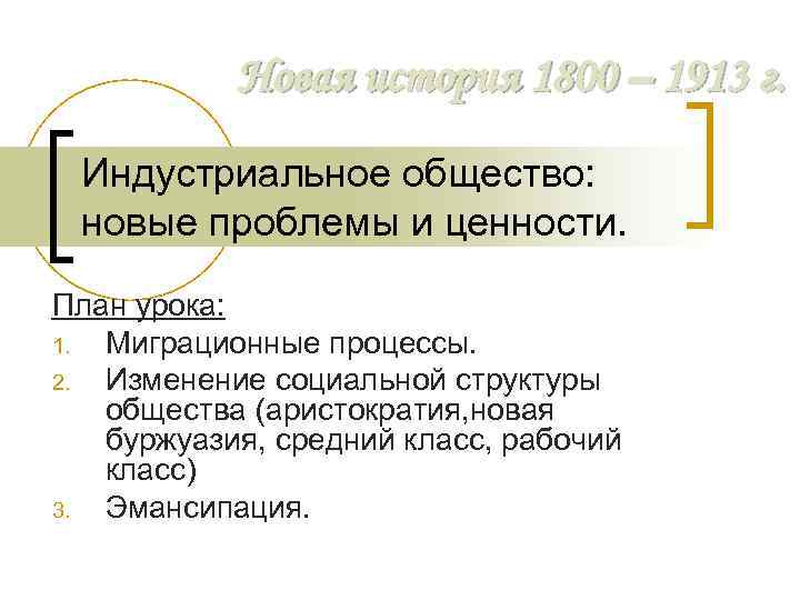 Новая история 1800 – 1913 г. Индустриальное общество: новые проблемы и ценности. План урока: