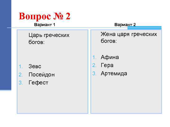 Вопрос № 2 Вариант 1 Царь греческих богов: Вариант 2 Жена царя греческих богов: