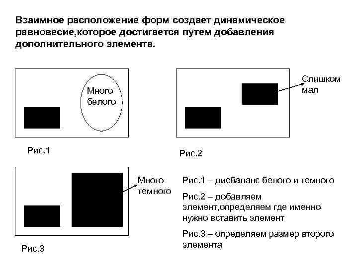 Взаимное расположение форм создает динамическое равновесие, которое достигается путем добавления дополнительного элемента. Слишком мал