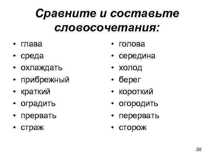 Сравните и составьте словосочетания: • • глава среда охлаждать прибрежный краткий оградить прервать страж